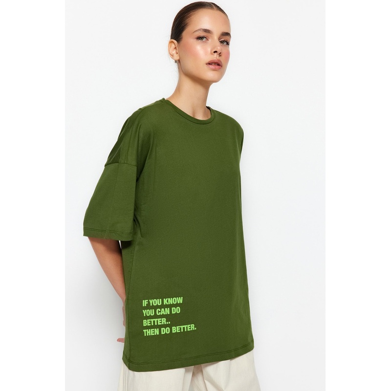 Slogan Printed Oversized Knitted T-Shirt Twoss23Ts00183