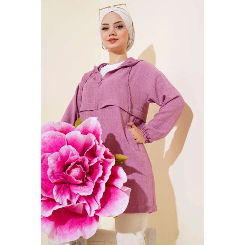 Araboy Hooded Linen Trench Coat Dusty Rose