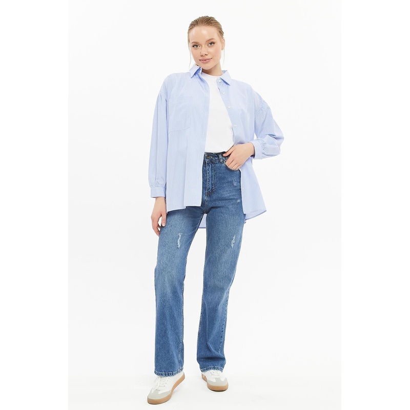 24020 Women's Oversize Balloon Sleeve Shirt Blue
