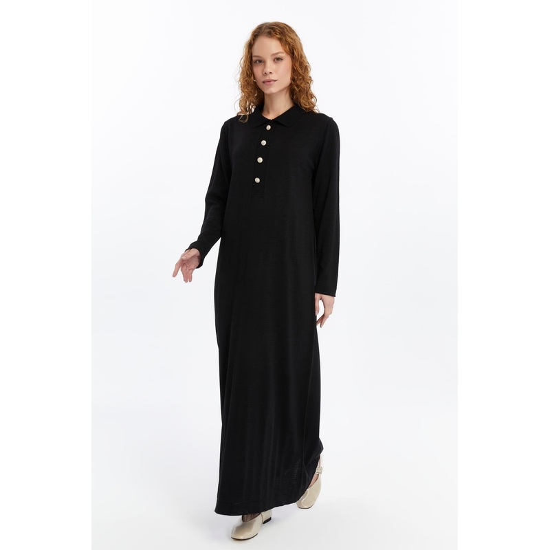 25006 Women's Shirt Collar Detailed Half Placket Thin Seasonal Cold Yarn Knitwear Dress Black