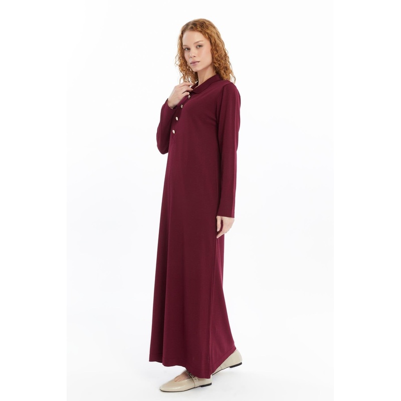 25006 Women's Shirt Collar Detailed Half Placket Thin Seasonal Cold Yarn Knitwear Dress Burgundy
