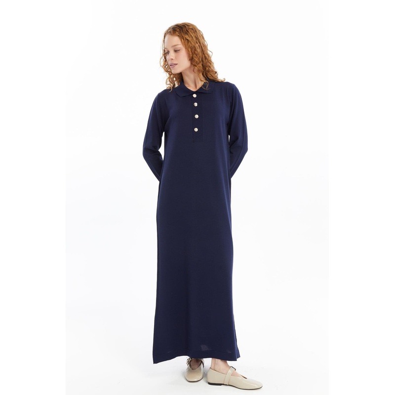 25006 Women's Shirt Collar Detailed Half Placket Thin Seasonal Cold Yarn Knitwear Dress Navy Blue