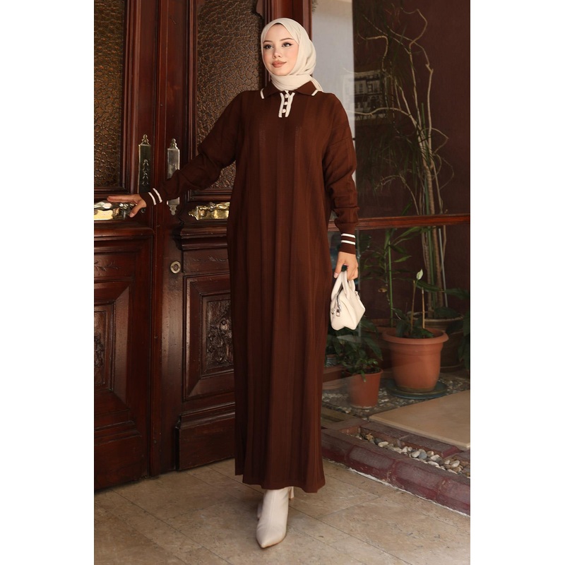 Button Detailed Knit Dress Brown 6153