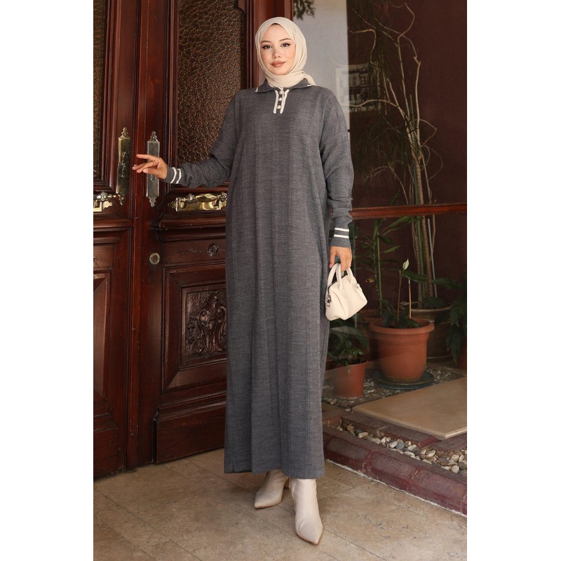 Button Detailed Knit Dress Gray 6153