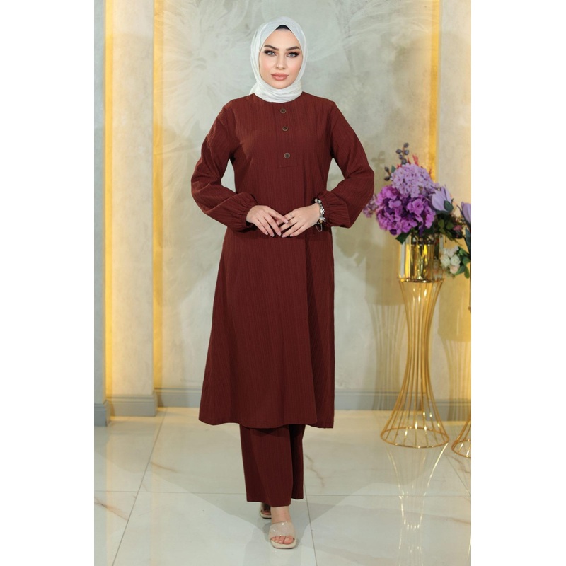 Buttoned Hijab Suit Brown Msw10358-4