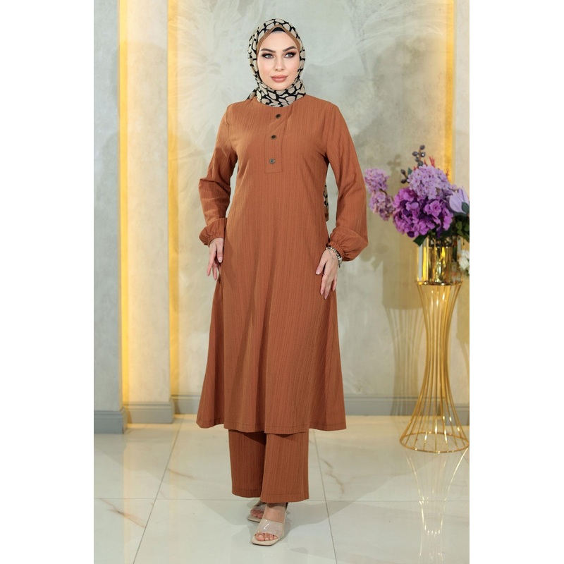 Buttoned Hijab Suit Tan Msw10358-5