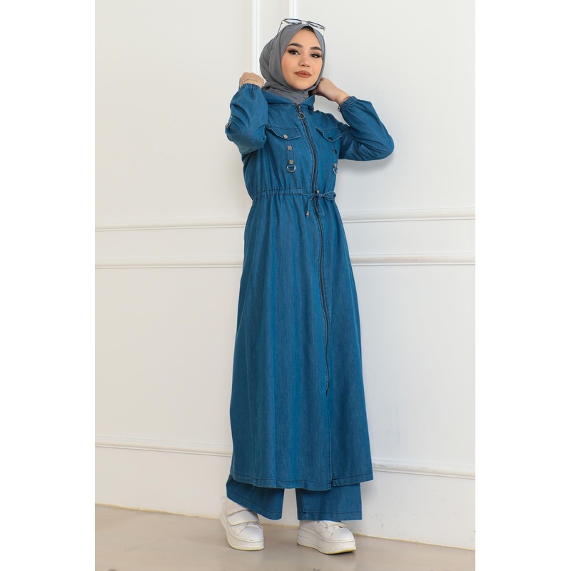 Hooded Waist Tie-Down Denim Suit Light Blue 19235