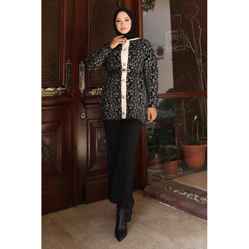 Leopard Patterned Knitwear Suit Black 6147