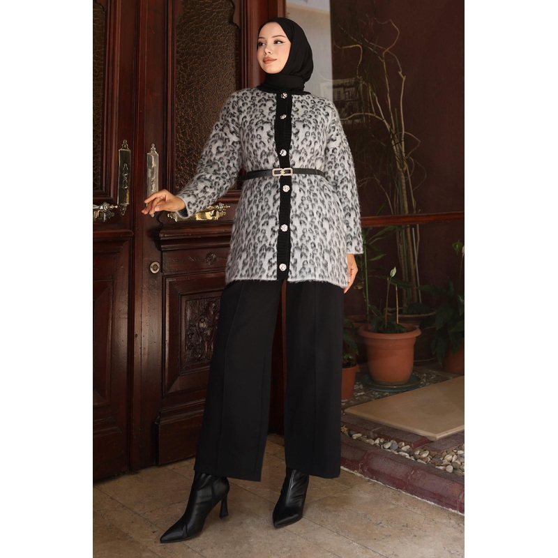 Leopard Patterned Knitwear Suit Gray 6147