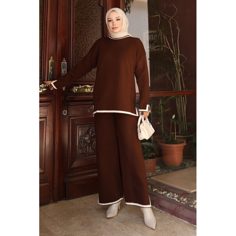 Slit Detailed Knitwear Suit Brown 6152