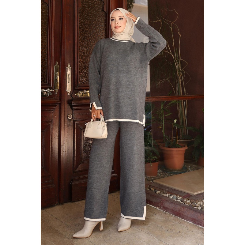 Slit Detailed Knitwear Suit Gray 6152