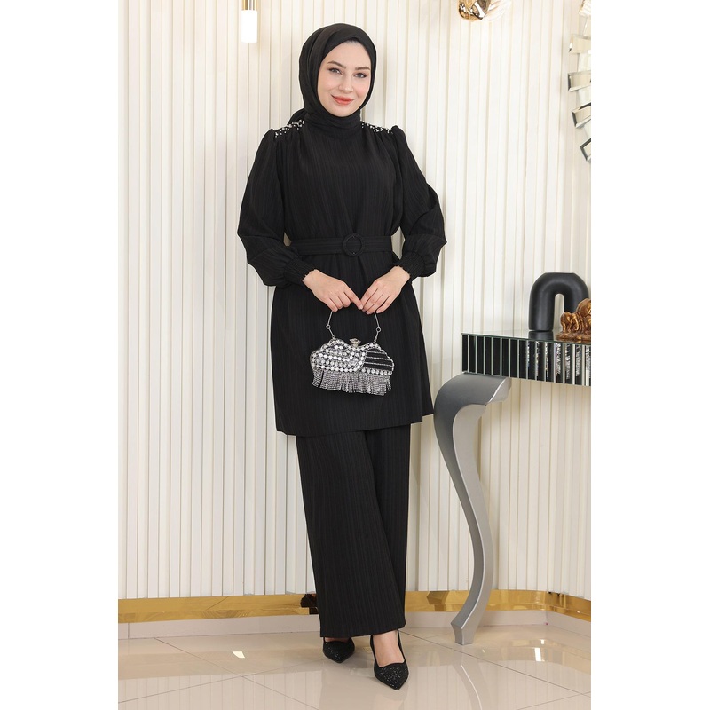 Stone Detailed Belted Suit Black Msw19104-1