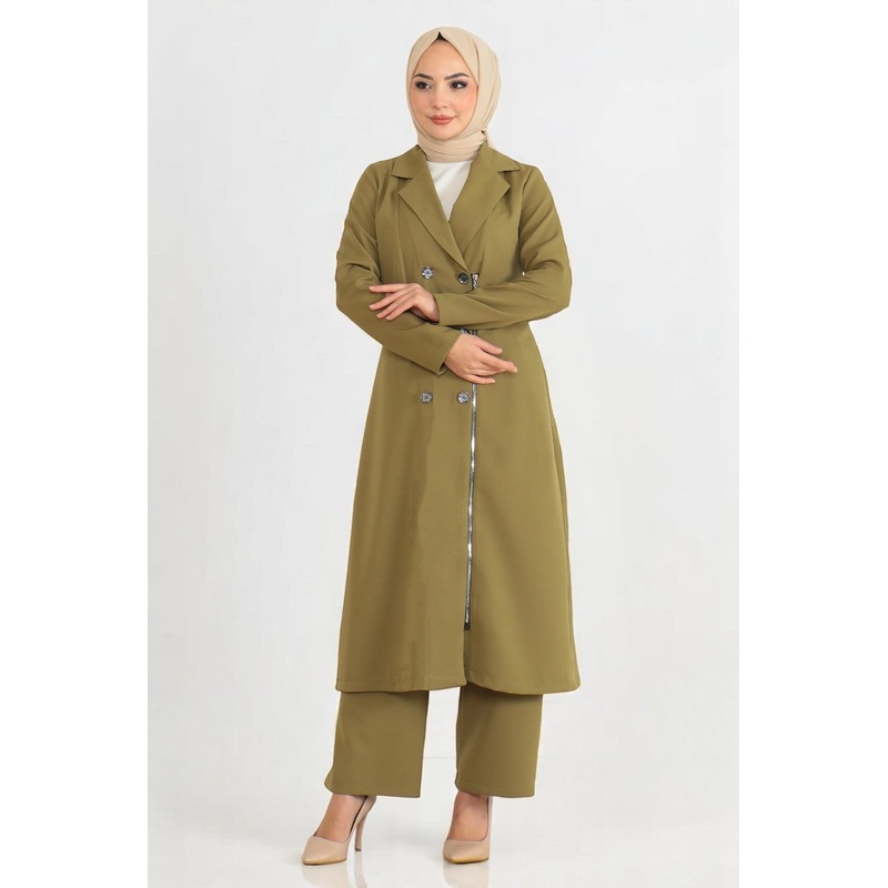 Button Detailed Zippered Suit Khaki 19219