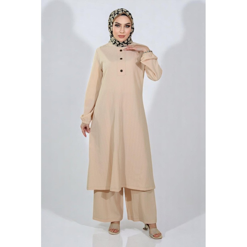 Buttoned Hijab Suit Beige 10358