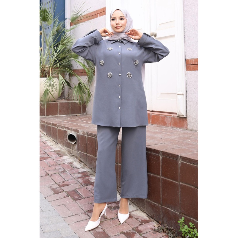 Glitter Stone Detailed Suit Gray 19264
