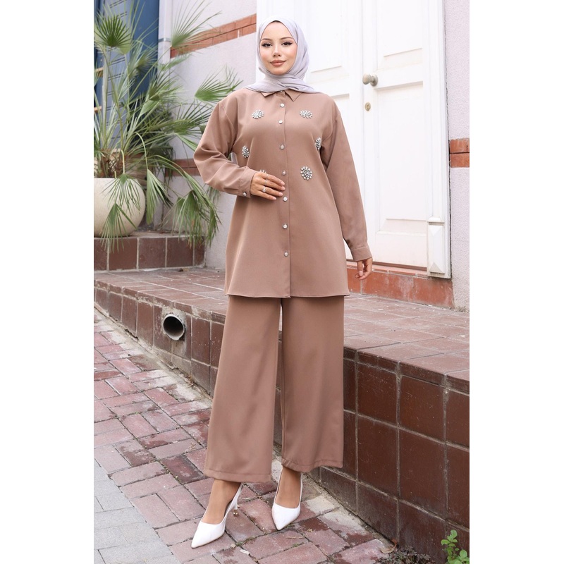 Glitter Stone Detailed Suit Mink 19264