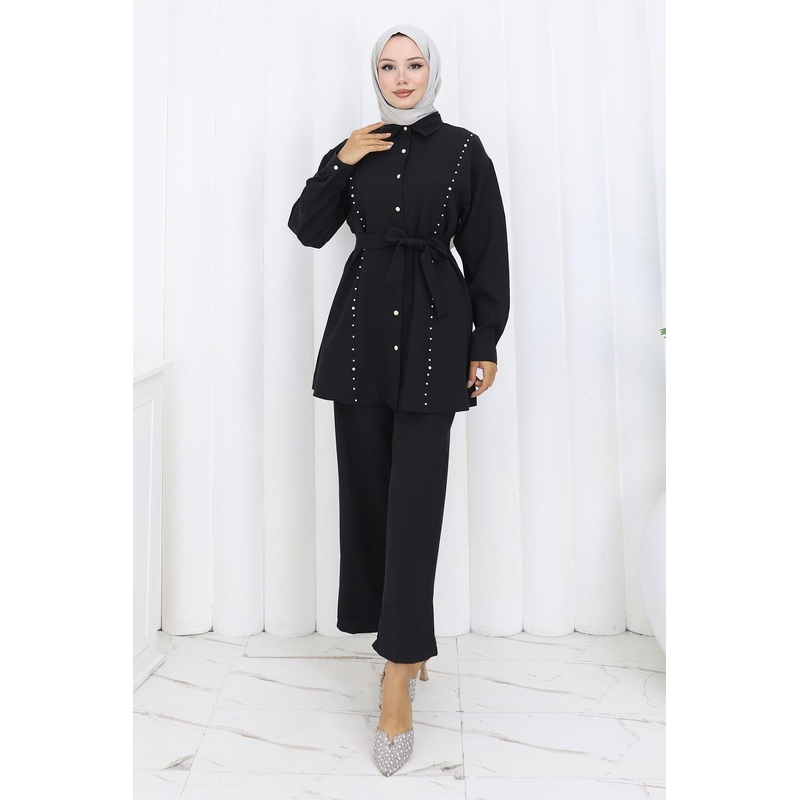 Pearl Belted Two-Piece Suit Black 19265