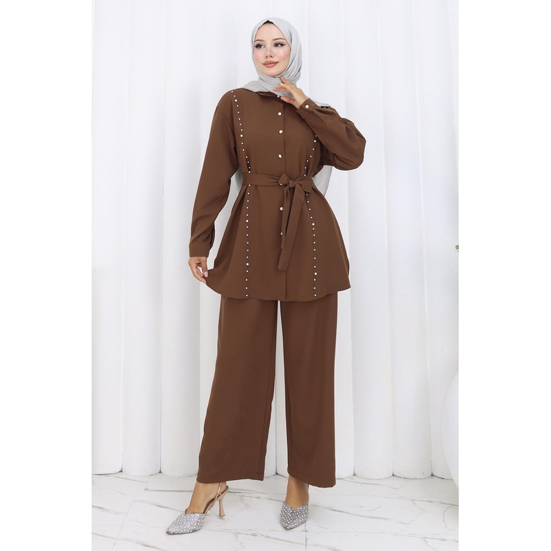 Pearl Belted Two-Piece Suit Brown 19265