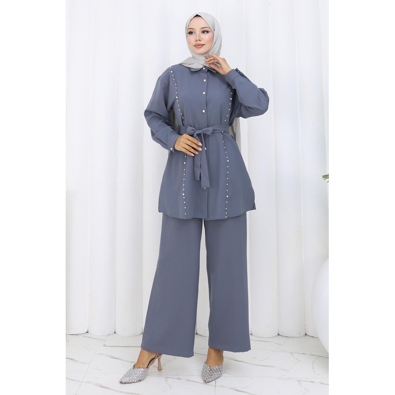 Pearl Belted Two-Piece Suit Gray 19265