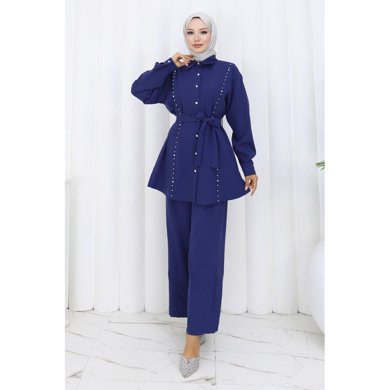 Pearl Belted Two-Piece Suit Indigo 19265