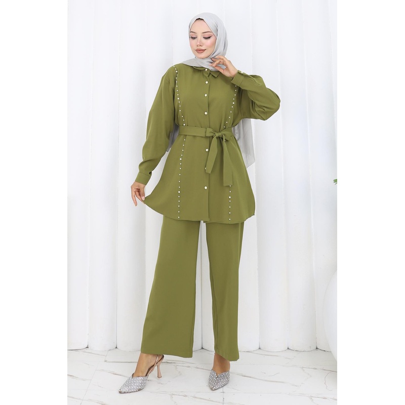 Pearl Belted Two-Piece Suit Khaki 19265
