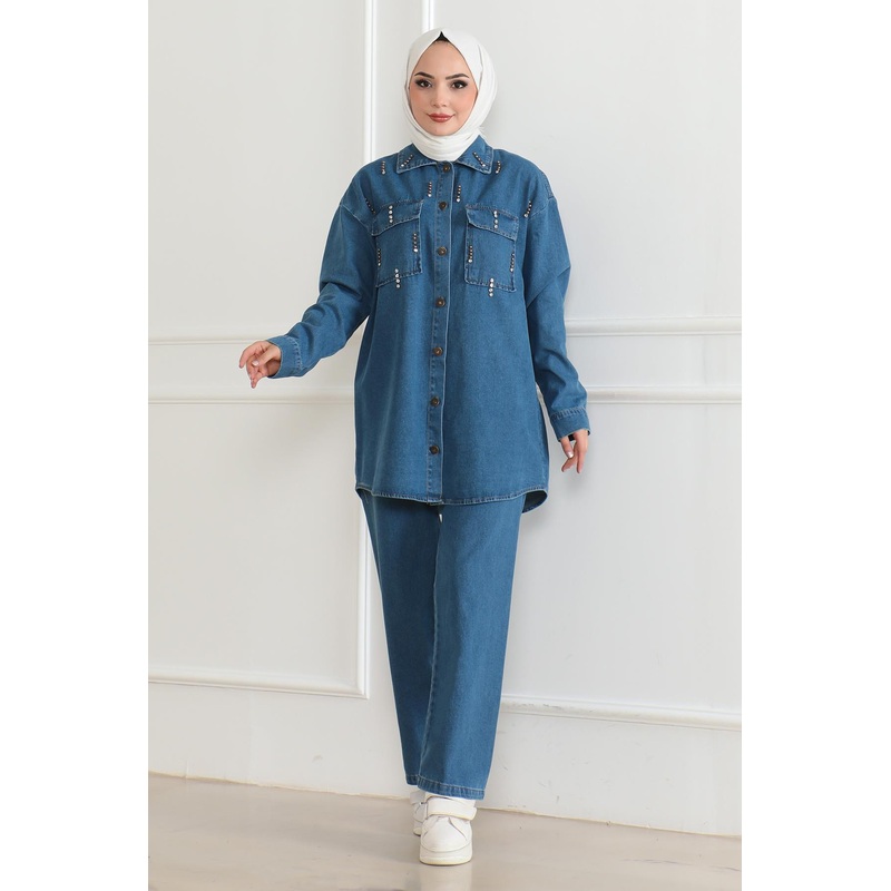 Pocket Stone Detailed Denim Suit Blue 19207