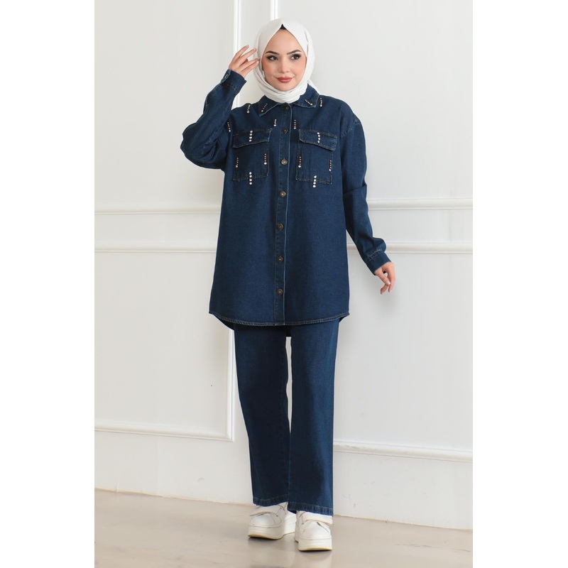 Pocket Stone Detailed Denim Suit Dark Blue 19207