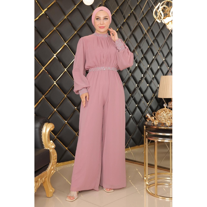 Stone Detailed Chiffon Jumpsuit Evening Dress Dusty Rose Msw19153-3