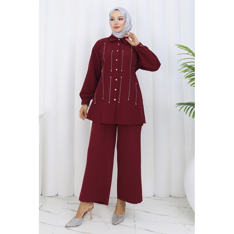 Stone Detailed Suit Claret Red 19266