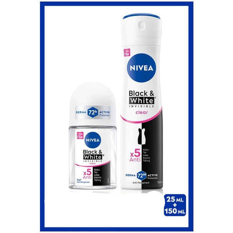 Nivea Women Spray Deodorant Black&white Clear 150Ml And Mini Roll-On 25Ml, 72 Hours Anti-Perspirant Protection