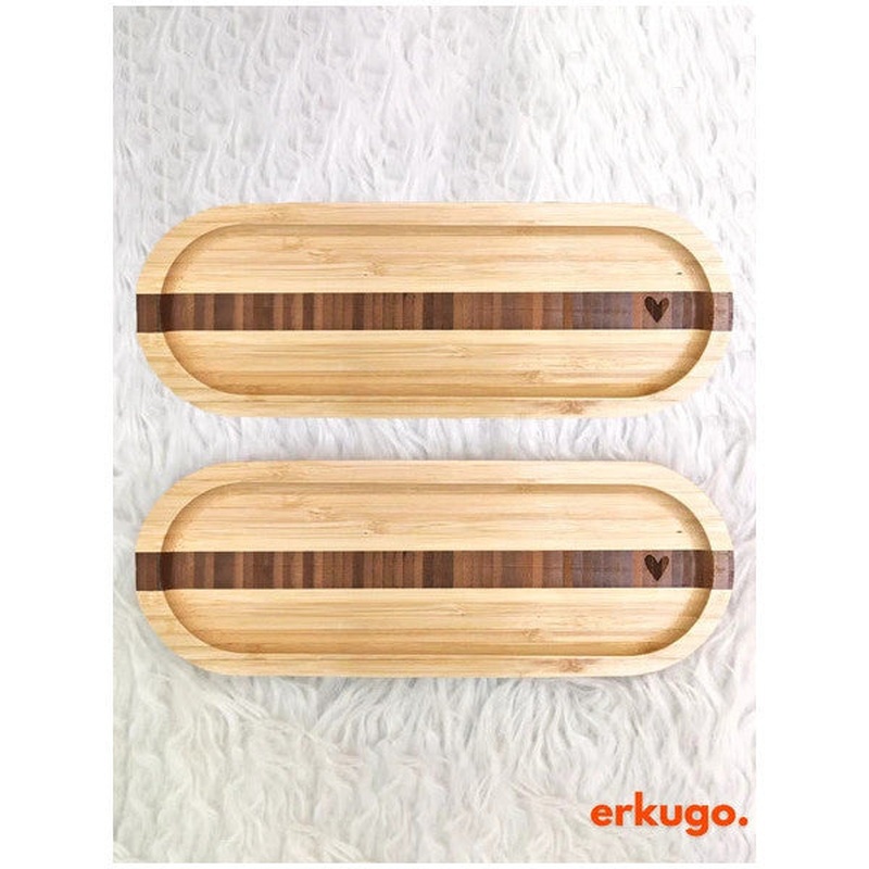 2 Pieces Bamboo Heart Patterned Oval Serving Plate, Presentation Plate (25.5 X 9.5 Cm)