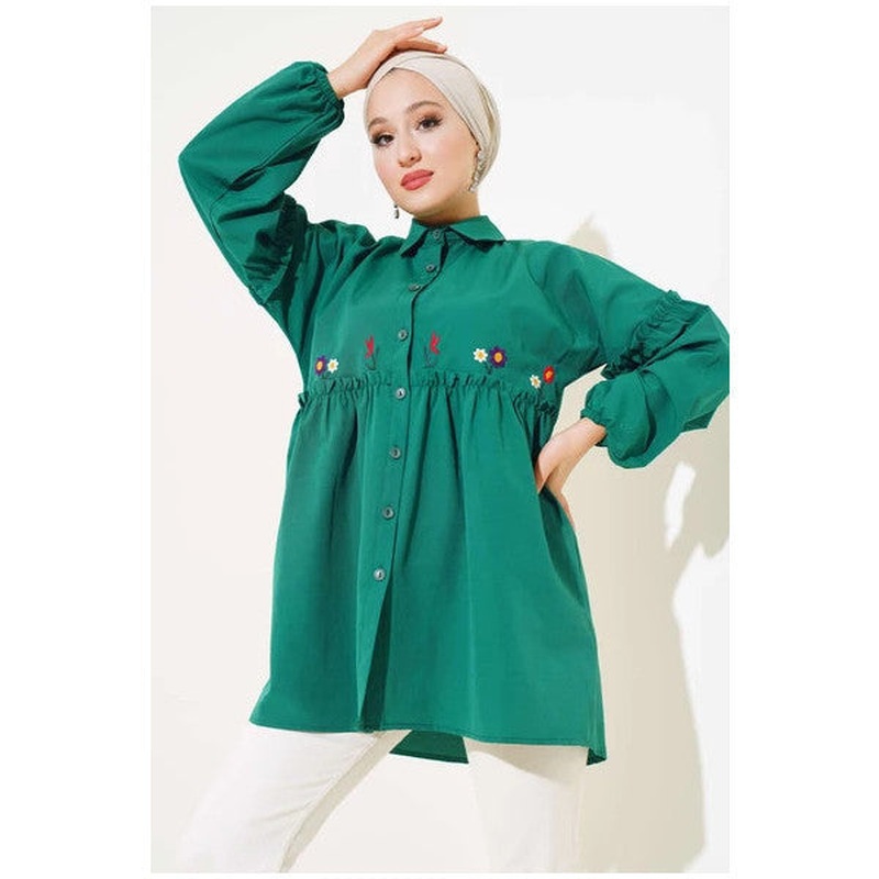 Pleated Floral Embroidered Shirt Green