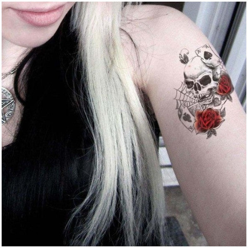 Skull Rose Temporary Tattoo, Temporary Tattoo 15.5X16Cm, Body Tattoo, Arm Wrist Tattoo, Neck Tattoo, Back Tattoo