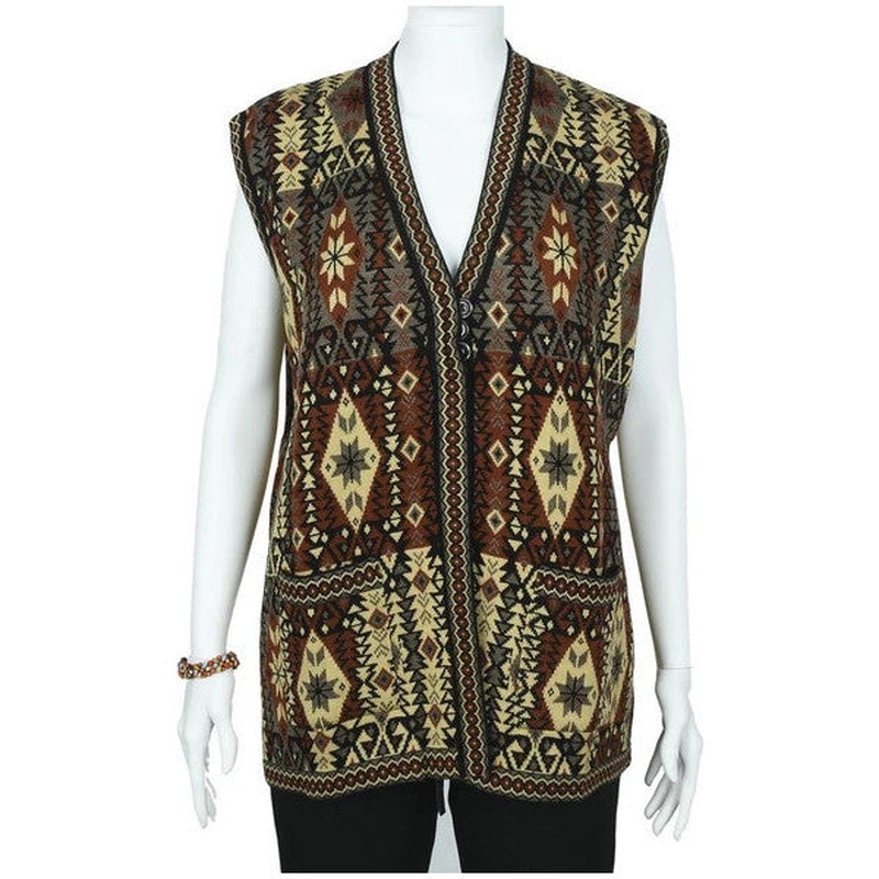 Kilim Patterned Three Button Red Color Women's Knitwear Vest