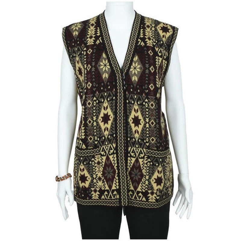 Kilim Patterned Three Button Yellow Color Women's Knitwear Vest