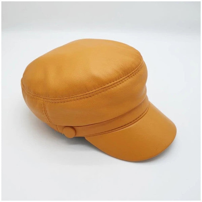 Women's Leather Hat With Elastic Back Yellow Color