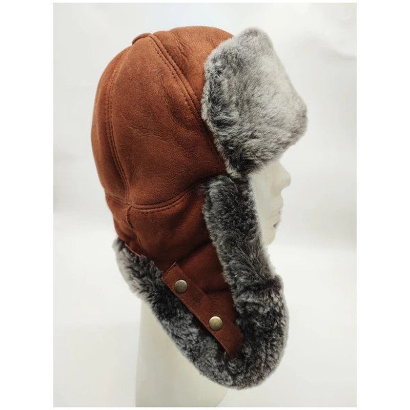 Pilot Model Fur Lined Leather Hat Dark Brick Color