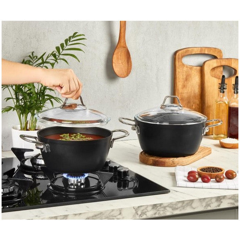 Amboss Dark Granite Deep Pot With Glass Lid Fireproof Non-Stick Titanium Coating - 26 Cm