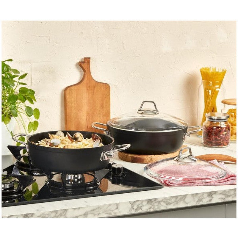 Amboss Dark Granite Flat Pot With Glass Lid Fireproof Non-Stick Titanium Coating - 24 Cm