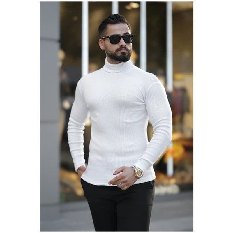 Men's White Turtleneck Knitwear Sweater