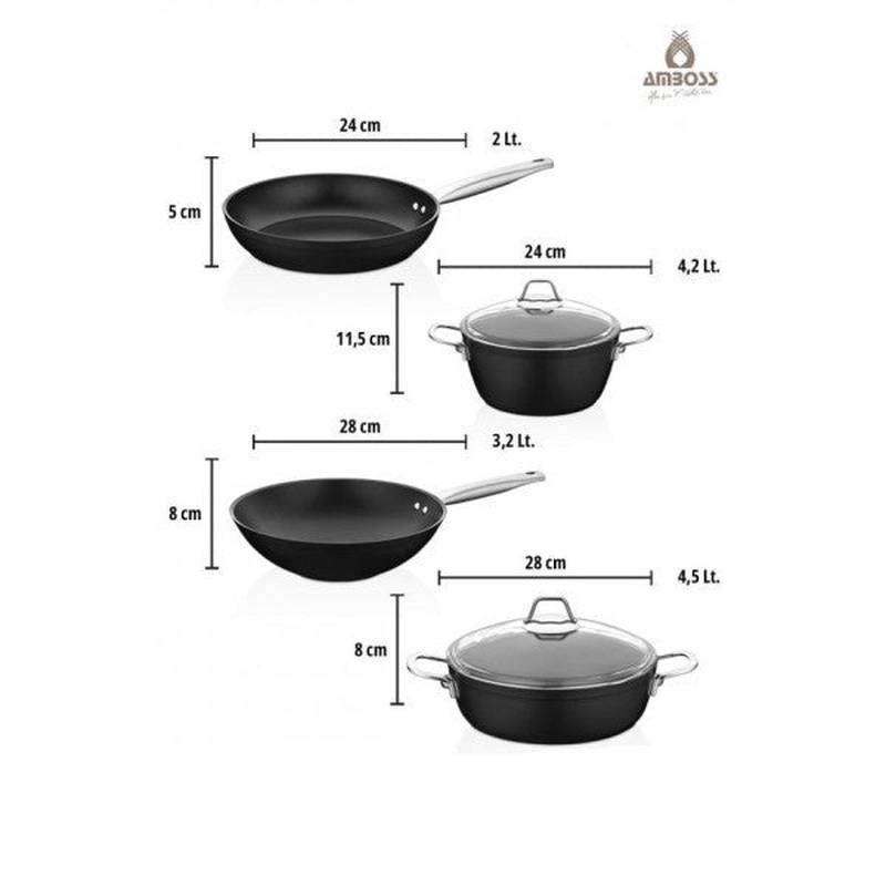 Amboss Dark 6 Piece 28 Cm Wok Pan, Cookware Set - Glass Lid
