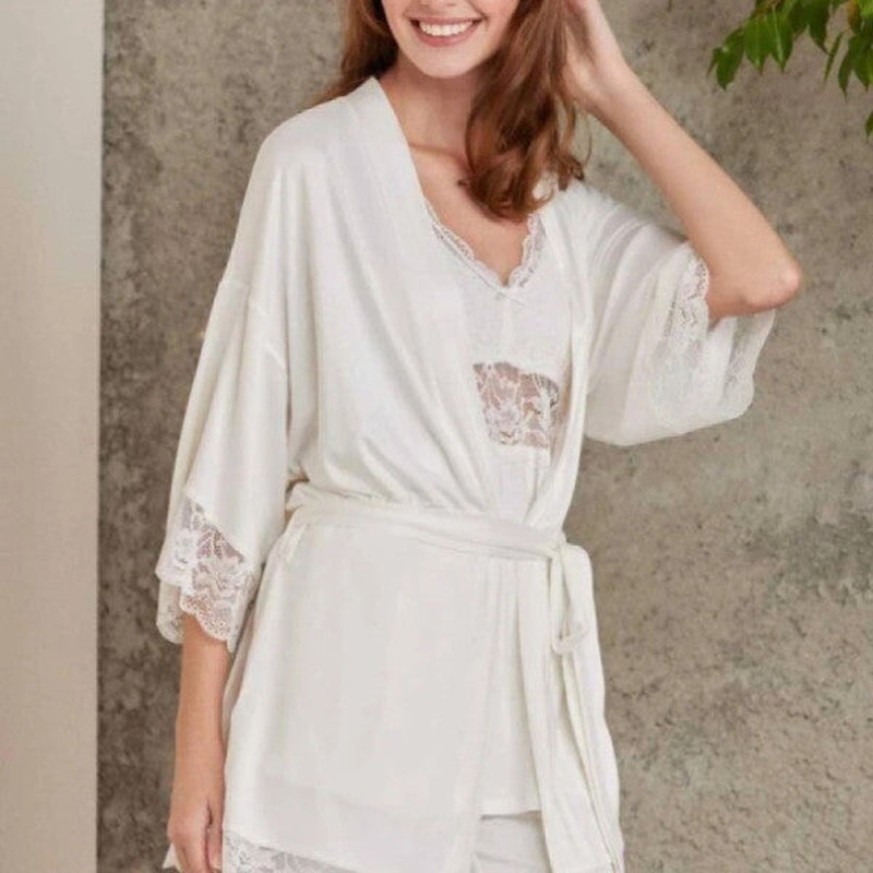 Pierre Cardin Lace Combed Cotton Pajama Set with Dressing Gown Ecru