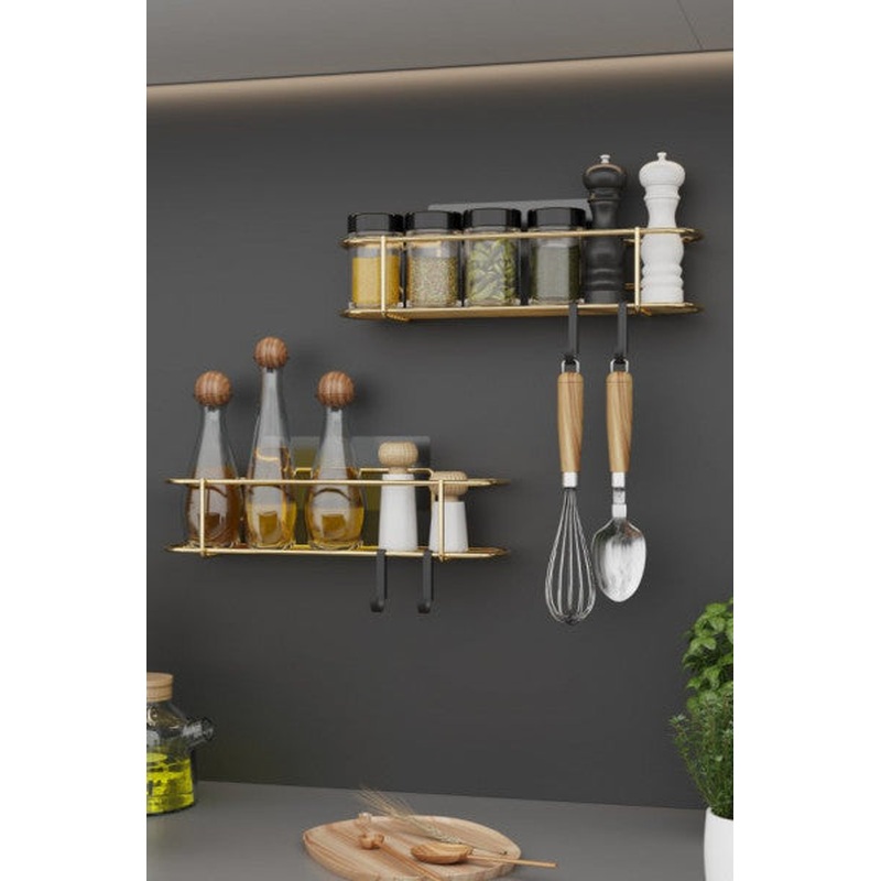 Bino Spice Rack 2 Pcs Set Gold Metal Kitchen Shelf Bathroom Shelf Sticky Hook Salt Holder Hanger