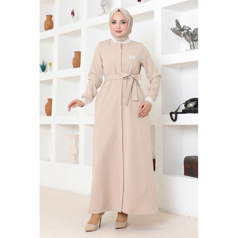 Hidden Buttoned Ribbed Abaya Beige Msw19214-3