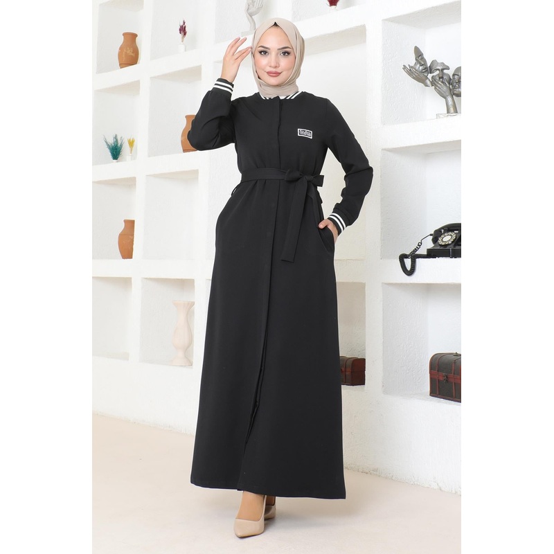 Hidden Buttoned Ribbed Abaya Black Msw19214-1