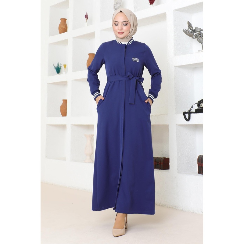 Hidden Buttoned Ribbed Abaya Indigo Msw19214-2