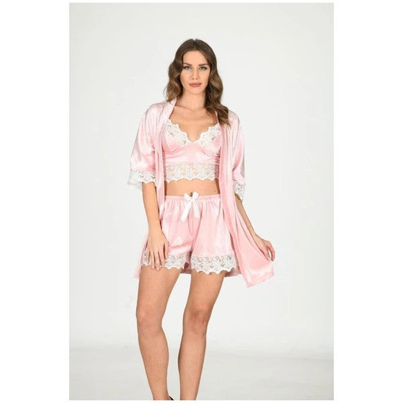 Sistina Women's Powder Velvet Dressing Gown Bustier Shorts Set 1438