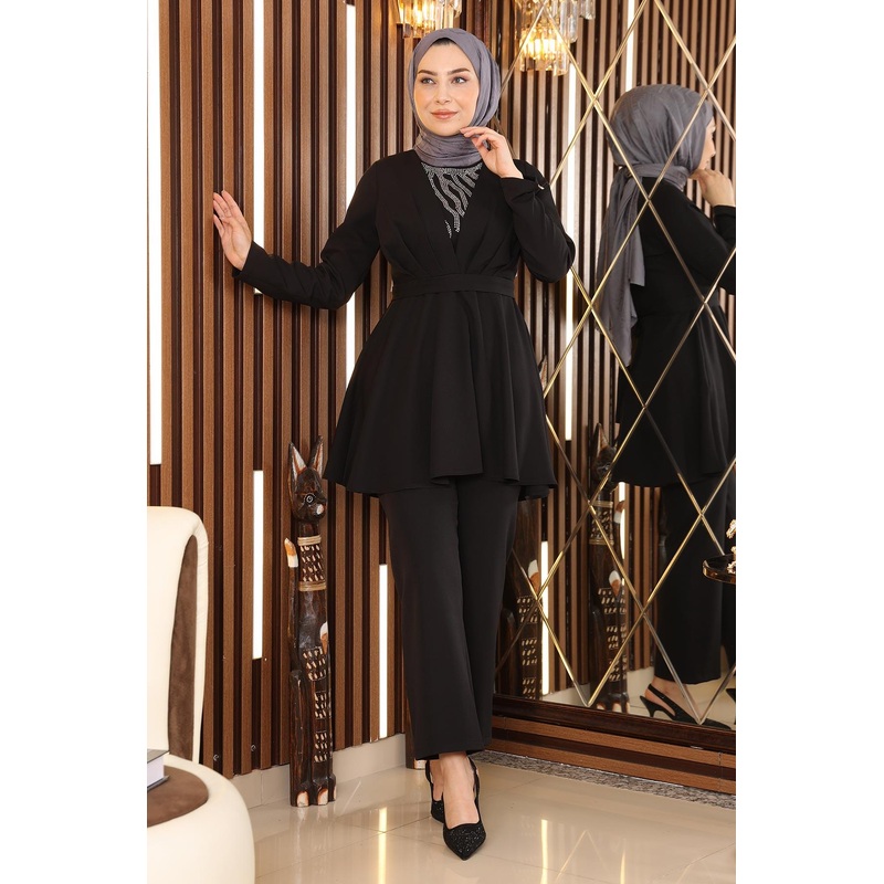 Stone Detailed Belted Suit Black Msw19122-3