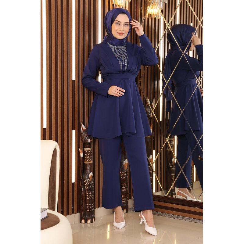Stone Detailed Belted Suit Indigo Msw19122-1
