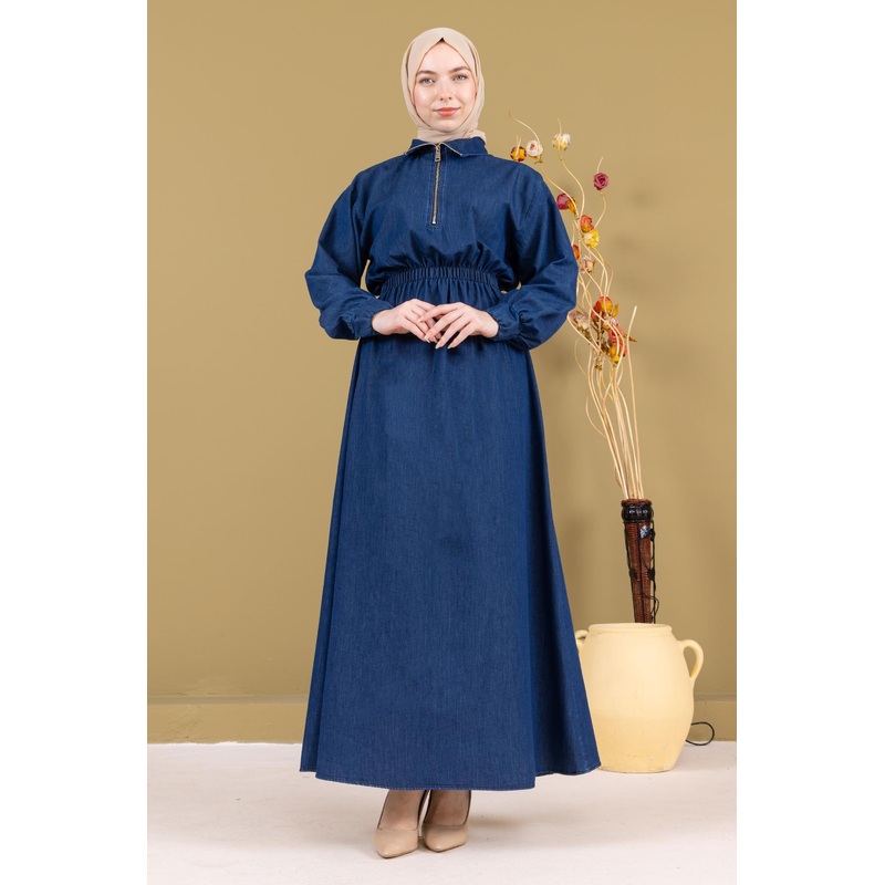 Zippered Elastic Waist Denim Dress Dark Blue Msw19240-2